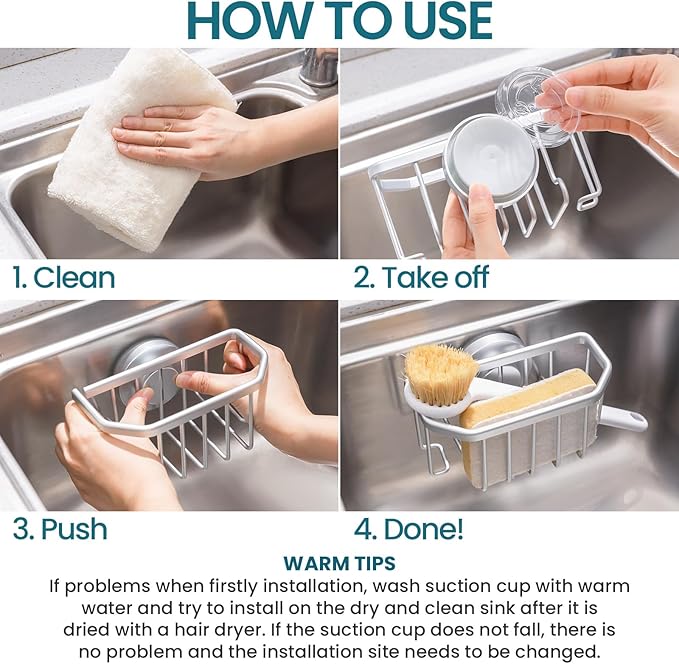 TAILI Sponge Holder for Kitchen Sink with Strong Suction Cup Removable, Rustproof Aluminum Sink Caddy for Sponge, Brush, Scrubber, Scraper -Silver