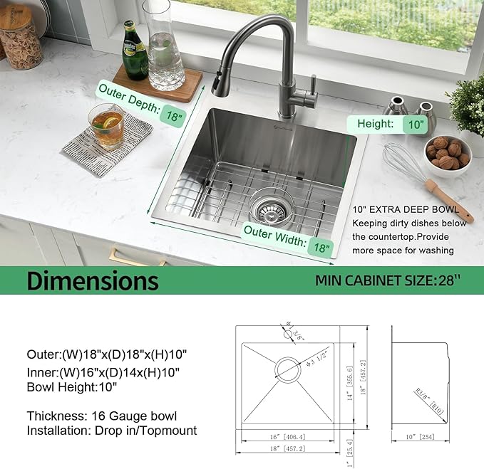 Drop In Kitchen Sink, 18 x 18 x 10 Inch 16 Gauge Single Bowl Topmount Wet Bar Sink T-304 Stainless Steel Kitchen Sinks