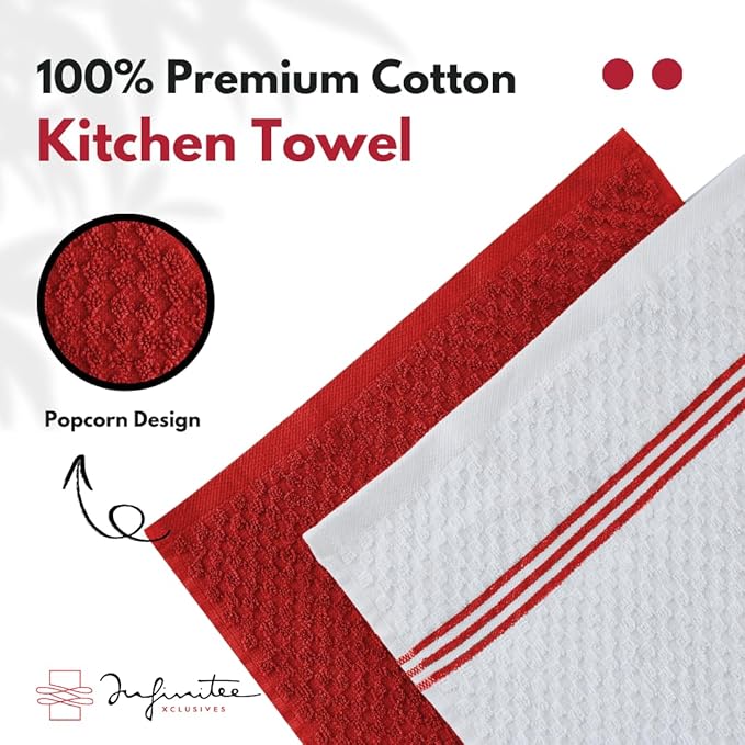 Infinitee Xclusives 100% Cotton Kitchen Towels - 15x25 Inch Ultra Soft Tea Towels, Super Absorbent Terry Dish Towel for Kitchen Linens |Passionate Red|
