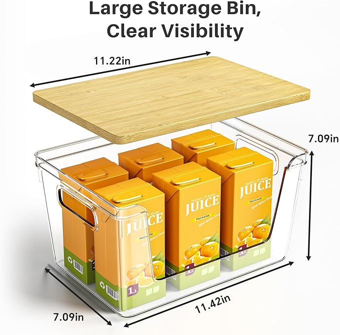 Potato Storage & Onion Storage Bins with Bamboo Lids, Stackable Clear Front-Open Pantry Organizers with Handles for Garlic and Produce, Kitchen Counter or Cabinet (4-Pack)