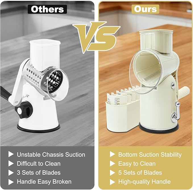 5 in 1 Cheese Grater with Rotary Hand Crank - Vegetable Chopper with Replaceable Stainless Blades, Strong Suction Base, Handle, Blade Storage Box, Easy-Clean Multipurpose Kitchen Slicer (White)
