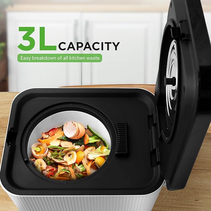 Nutrichef 3L Electric Kitchen Composter - Compost’s Organic Material & Food Scraps | Countertop Automatic Compost Bin | Dry, Crush, & Cooling Functions | Perfect for Kitchens & Apartments | White