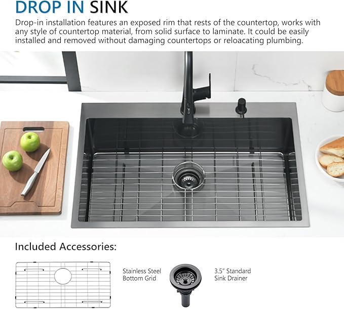 33 Inch Drop In Black Kitchen Sink, Doirteal 33 x 22 x 10 Inch 16 Gauge Stainless Steel Single Bowl Kitchen Sinks Topmount Kitchen Sink Single Basin With Bottom Grid
