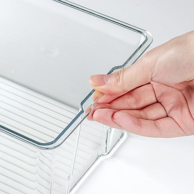 Hudgan 4 Pack Clear Plastic Storage Bins with Bamboo Lids, Stackable Storage Containers for Organizing Medicine Cabinet Organizer, Craft Room, Bread Box