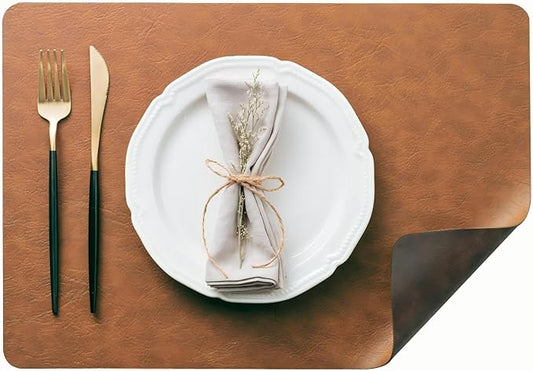 DOLOPL Thanksgiving Placemats Set of 4 Reversible Dual-Color Table Placemats – Heat Resistant Wipeable & Washable Place Mats, Luxury Faux Leather Table Mats for Table Decor(Reddish Brown & Brown)