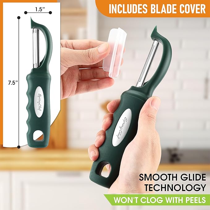 Spring Chef Premium Swivel Vegetable Peelers for Kitchen, Stainless Steel Apple Peelers with Soft Grip Handle and Sharp Blades, Perfect for Potato, Carrot, Mango, Cucumber - Set of 2 - Pine Green