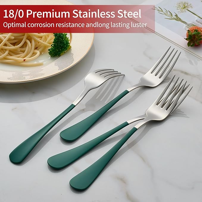 Green Dinner Fork, 18/0 Green handle Stainless Steel Satin Finish 8.1-inch Silverware Flatware Fork Set, Set of 24, Dishwasher SafG