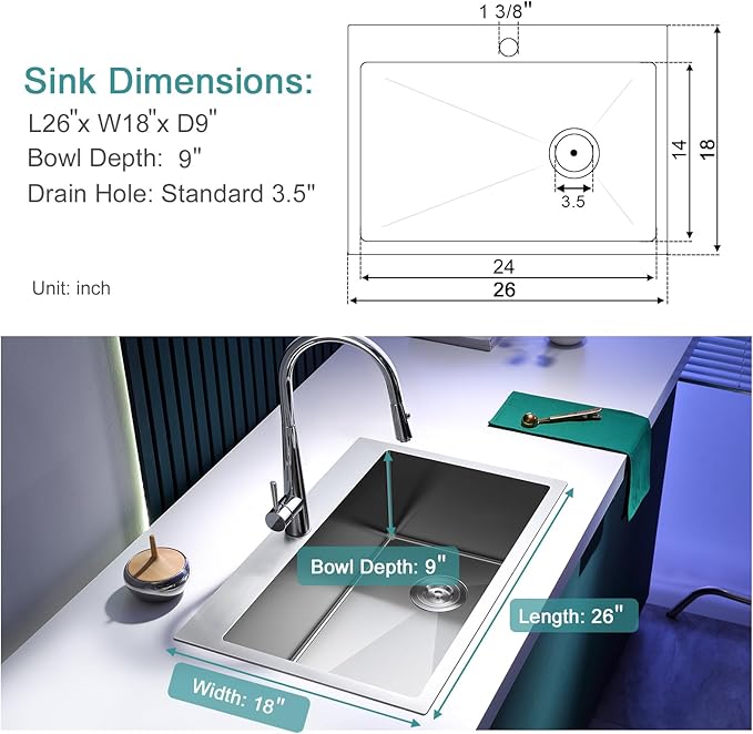 26 inch Drop-in Kitchen Sink Single Bowl, Topmount Kitchen Sink with Protective Bottom Grid, Overmount 304 Stainless Steel Kitchen Bar Sink Handmade with Basket Strainer, 26×18×9 inch