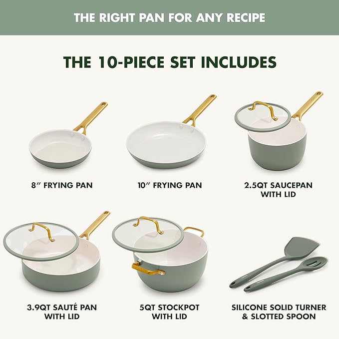 GreenPan Nonstick Reserve Pro 10 Piece Cookware Set, NSF Certified Ceramic, Hard Anodized PFAS-Free Pots & Pans Set with Lids, Stainless Steel Handles, Oven & Dishwasher Safe, Moss Green
