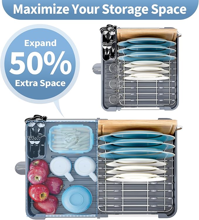 Dish Drying Rack for Kitchen Counter, Extendable Dish Rack with Drainboard, Collapsible Dish Drainer, Expandable Dish Strainer with Cutlery Holder, Foldable Home Countertop Plate Storage Rack, Gray