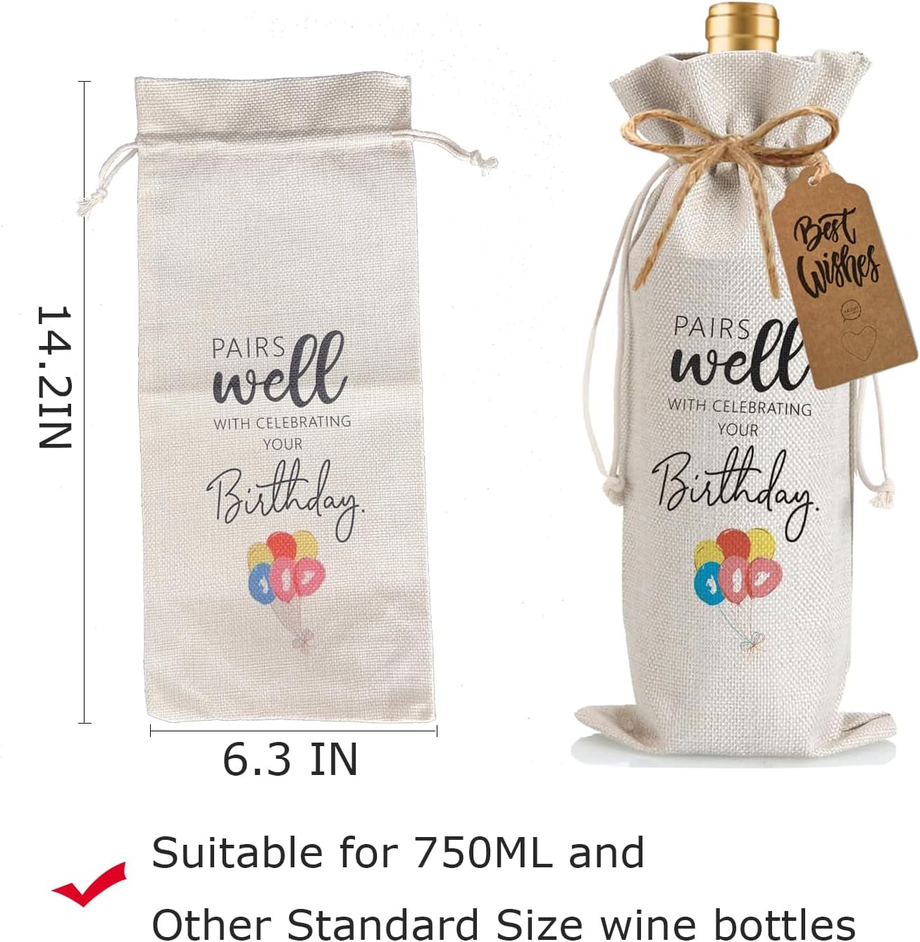 Julont 1Pcs Birthday Gift Ideas for Women & Men, Birthday Party Wine Bag Gift,Happy Birthdate decor, with 1Pcs Kraft Blessing Cards and natural jute rope