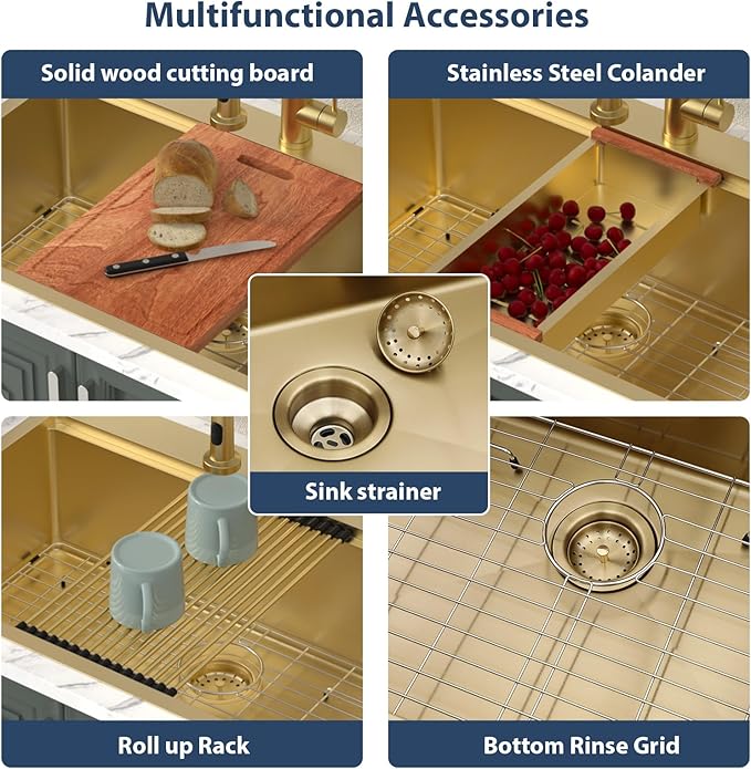 Lordear 33 Inch Drop In Kitchen Sink Gold Brushed 33x22 Workstation Stainless Steel 16 Gauge Single Bowl Handmade Topmount Kitchen Sink with Cutting Board