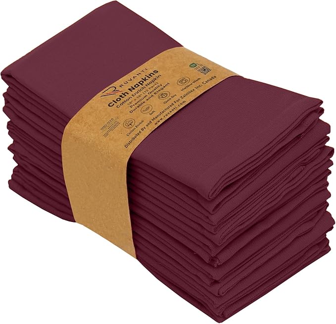 Ruvanti Cloth Napkins Set of 12, 18x18 Inches Napkins Cloth Washable, Soft, Durable, Absorbent, Cotton Blend. Table Dinner Napkins Cloth for Hotel, Weddings, Dinner, Christmas Parties - Burgundy