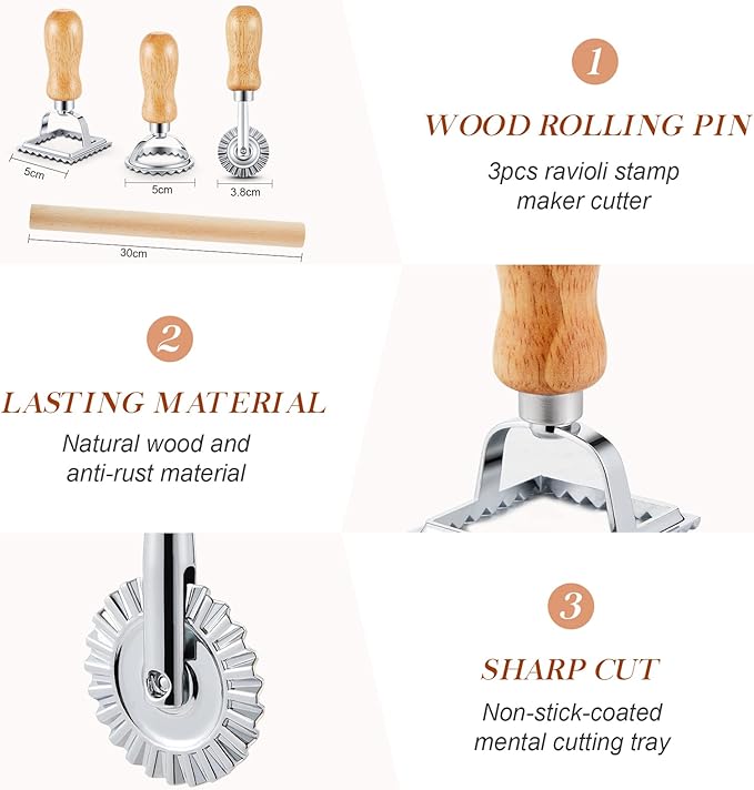 Geetery 5 Pcs Ravioli Mold Set 2 Inch Squares Ravioli Maker Cutter Include 1 Raviolis Maker Press 3 Pasta Cutter Stamp Makers 1 Wood Rolling Pin Pasta Making Tool for Home Kitchen Supplies (12 Holes)