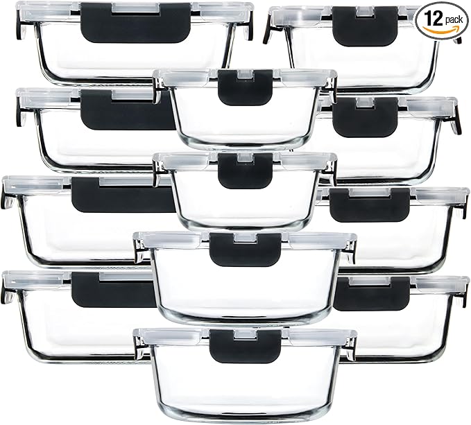12 Pack Glass Storage Containers with Lids, Glass Meal Prep Containers Set, Airtight Food Storage Containers, Grey