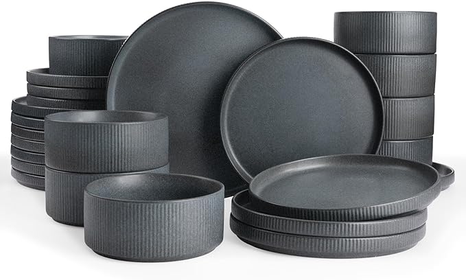 famiware Star Plates and Bowls Sets, Modern Stoneware Dinnerware Sets for 8, 24-Piece Kitchen Dish Set - Microwave and Dishwasher Safe, Chip and Scratch Resistant, Matte Dark Charcoal