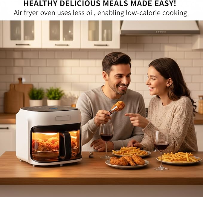 7.4QT Air Fryer with Glass Bowl, Visible Window Lid, Digital Control, 360° Rapid Air Circulation, for Healthy Oil-Free Cooking & Baking, Dishwasher Safe, Nonstick, Easy Clean (White)