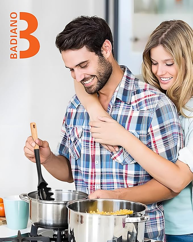 Silicone Pasta Fork, Kitchen Heat Resistant Noodle Spoon Server, BPA Free Spaghetti Strainer,12.8 inch (Black)