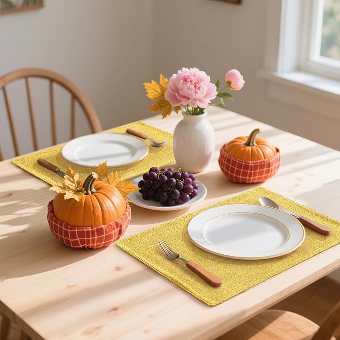 Homaxy Cloths Placemats for Dining Table Set of 8, Heat Resistant Washable Cotton Linen Blend Table Mats, Ideal for Kitchen Party Dining Decoration, 13" x 19", Mustard Yellow