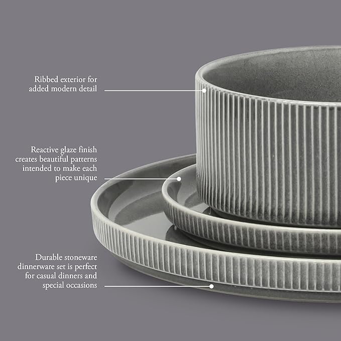 Gibson Elite Solana Coast 12 Piece Stoneware Reactive Glaze (Service for 4) Ceramic Plates and Bowls Modern Shape Embossed Dinnerware Set - Black