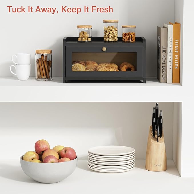 Black Bread Box for Kitchen Countertop, Vintage Wooden Counter Breadbox, Homemade Bread Storage Container for Sourdough Loaf, Small Farmhouse Corner Kitchen Countertop Organizer for Cabinet