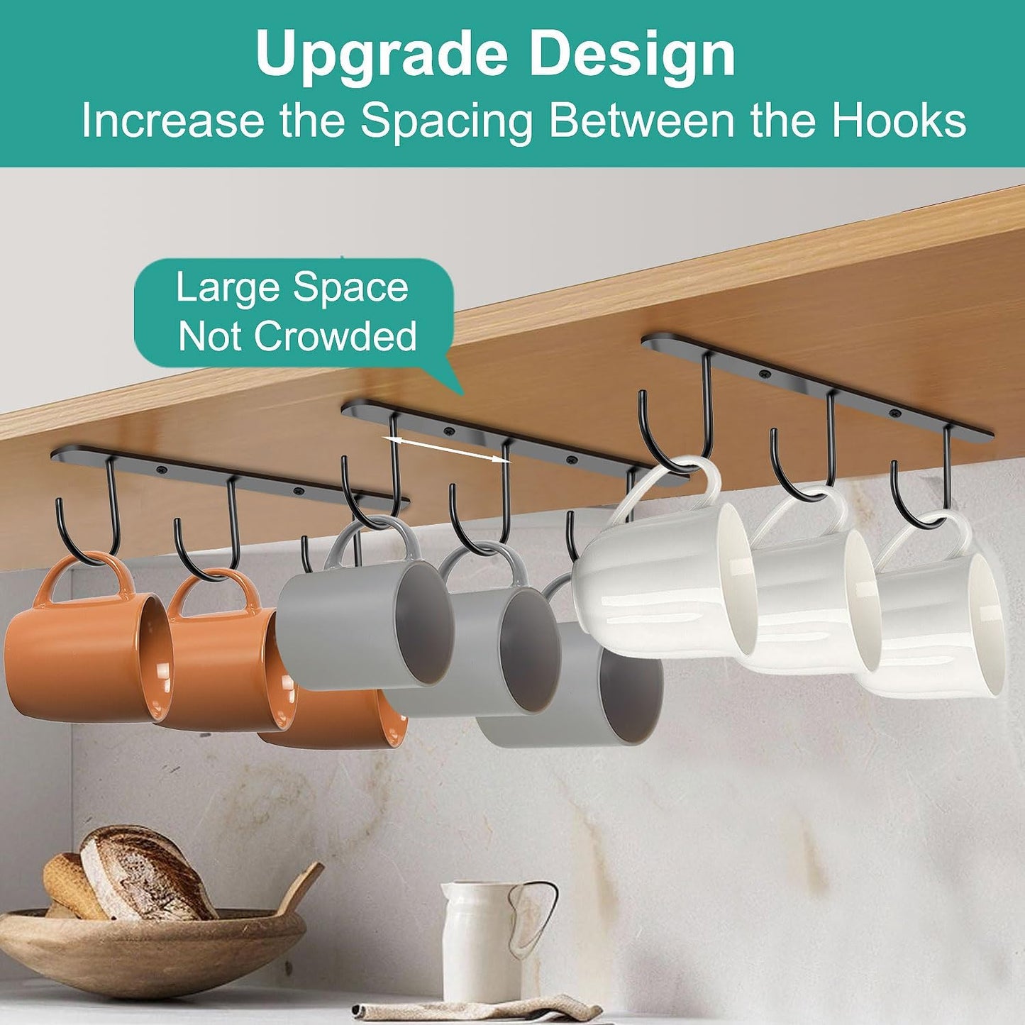 3 Pack Mug Hooks Under Cabinet, Hanging Coffee Mug Holder for Kitchen Cabinet/Shelf, Coffee Mug Organizer with 9 Hooks, for Mugs, Cups, Kitchen Utensils Display, Black