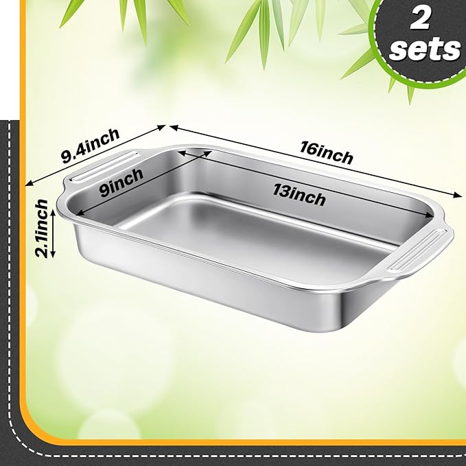 2 Pcs Stainless Steel Cake Pan 9 x 13 Inch Baking Pan with Handle Rectangle Baking Bakeware for Fish Cakes Breads Casseroles Vegetables Dishwasher Safe