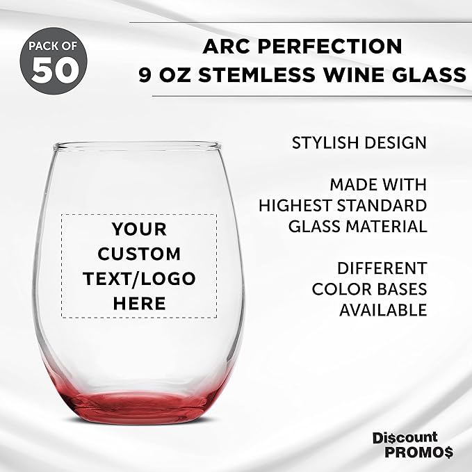 Custom Stemless Wine Glass 9 oz. Set of 50, Personalized Bulk Pack - Great for Wedding Favors, Bachelorette Party Decorations, Party Favors, Color Bottom - Red