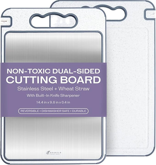 Non-Toxic Cutting Board – Double-Sided Stainless Steel & Wheat Straw – Dishwasher Safe, BPA-Free, Juice Groove, Built-In Knife Sharpener, Non-Slip – 14.4” x 9.8” Kitchen Chopping Board