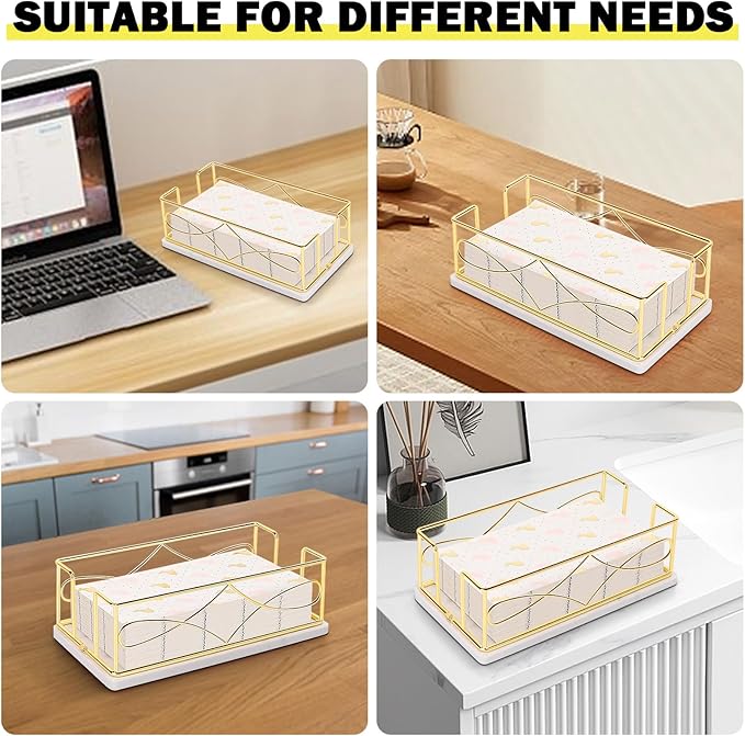 Napkin Holder with Marble Base, Guest Towel Paper Dispenser for Table, Modern Metal Napkin Stand, Ideal for All Bathroom Vanity, Kitchen Decor Accessories (Gold, 3.2 Inch)