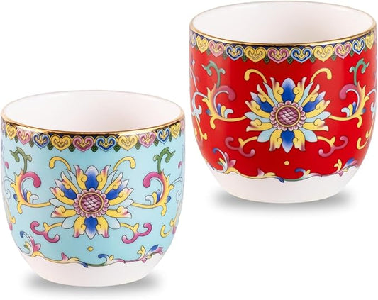 KAMMAK Tea Cups Set of 2, 6.35oz Mini Ceramic & Porcelain Tea Mugs -Handleless Vintage, Non-Toxic Handcrafted Cups for Juice, Coffee, Gift(Red + Lake Blue)