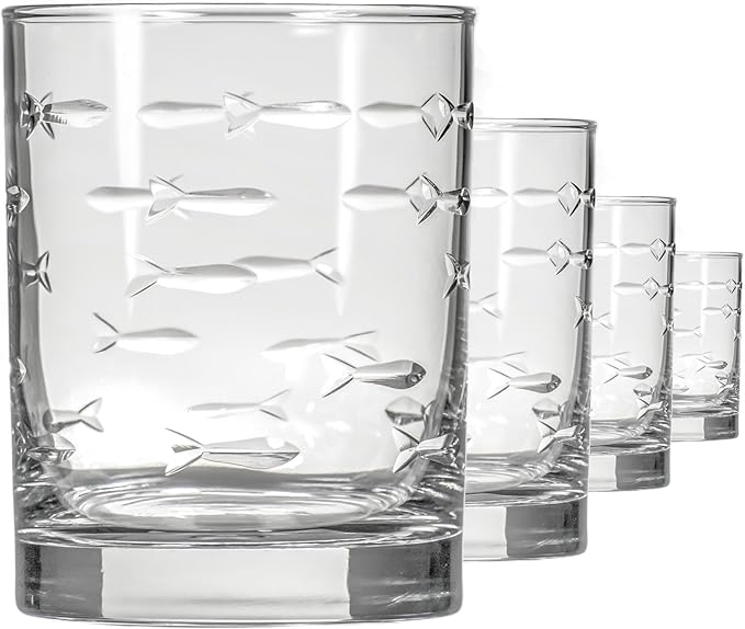 Rolf Glass School of Fish 13oz Double Old Fashioned Glass | Whiskey Glass Set of 4 | Lead-Free Glass | Engraved Tumbler Glasses | Designed and Engraved in the US