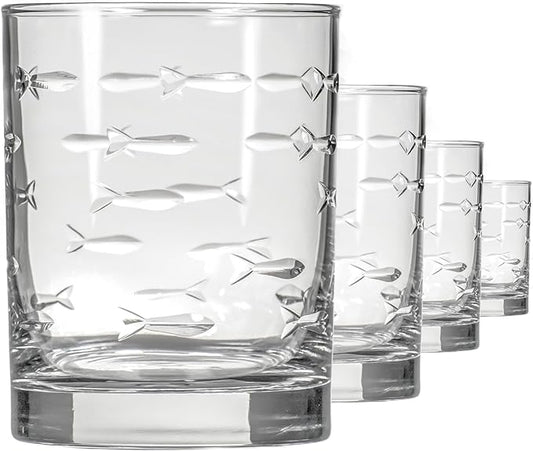 Rolf Glass School of Fish 13oz Double Old Fashioned Glass | Whiskey Glass Set of 4 | Lead-Free Glass | Engraved Tumbler Glasses | Designed and Engraved in the US