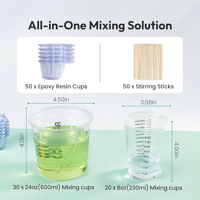 Epoxy Measuring Cups, Resiners 50pcs Resin Mixing Cups for Epoxy Resin, Paint, Crafts Use, with 30 x 24oz & 20 x 8oz Dual Sizes, 50 Mixing Cups, 50 Wooden Sticks, Clear Plastic