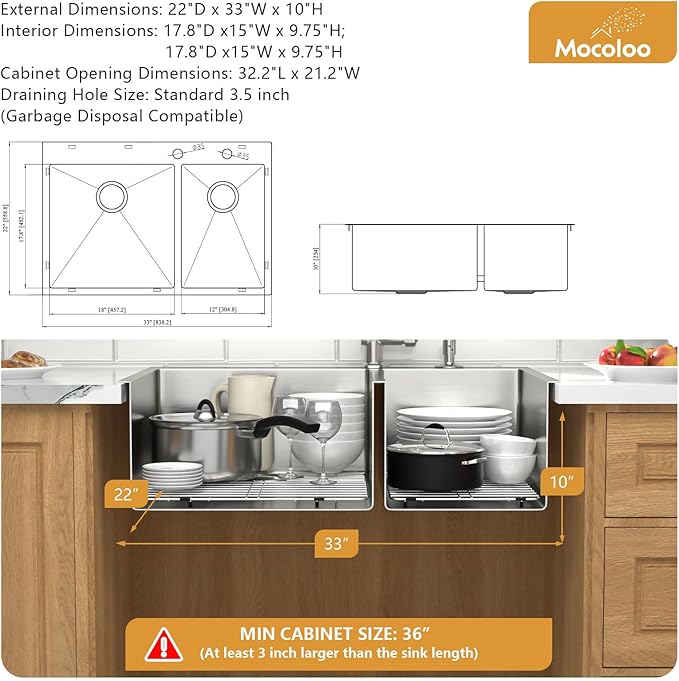 Mocoloo 33 Drop In Kitchen Sink Double Bowl 33 x 22 Drop Sink Double Bowl 60/40 T304 Stainless Steel 16 Gauge Topmount Handmade, 10 Inch Deep