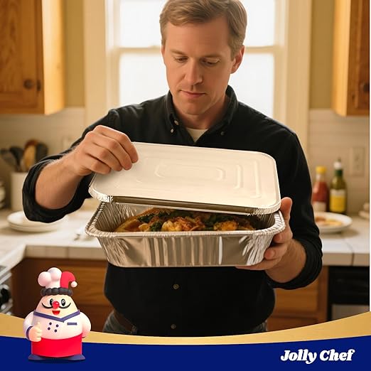 JOLLY CHEF 9x13 Aluminum Pans With Lids (25 Pack)- Disposable Foil Food Containers with Lids for Cooking, Heating, Storing, Prepping Food- Thanksgiving, Christmas, Parties