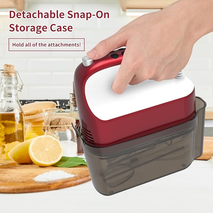 9-Speed Digital Hand Mixer Electric, 400W Powerful DC Motor, Baking Mixer Handheld with Snap-On Storage Case, 5 Stainless Steel Accessories, Flat Beaters, Dough Hooks, Whisk (Red&White)