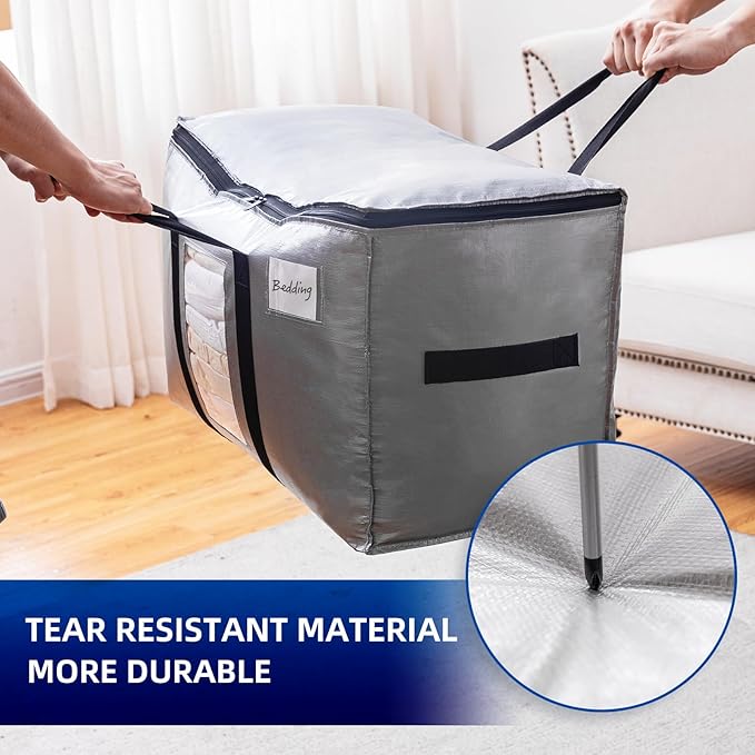 TAILI Extra Large Moving Bags, 12 Pack Silver Heavy Duty Totes for Storage with Visible Window, Wrap Around Handles, Storage Bags for Space Saving, Alternative to Moving Boxes