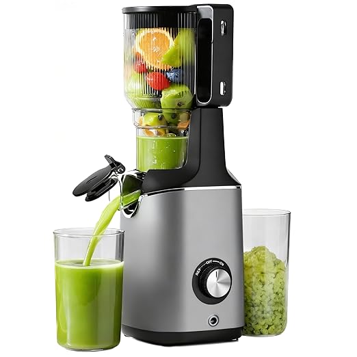 Cold Press Juicer, EUHOMY 5.4" Wide Feed Chute Juice Extractor Machine with 400W, High Juice Yield, Slow Masticating Juicer for Whole Vegetables & Fruits, Deep Gray