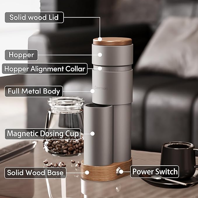 wirsh Burr Coffee Grinder, Portable Electric Coffee Grinder Geimori T38 Plus with 38mm 6-Core Conical Burr,Stepless Grind Settings from Fine to Coarse for Espresso,Drip,French Press,Home&Travel Use