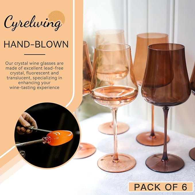 Brown Wine Glasses Set of 6-18oz Hand Blown venus Wine glasses - Unique Gift for Birthday,Wedding, housewarming