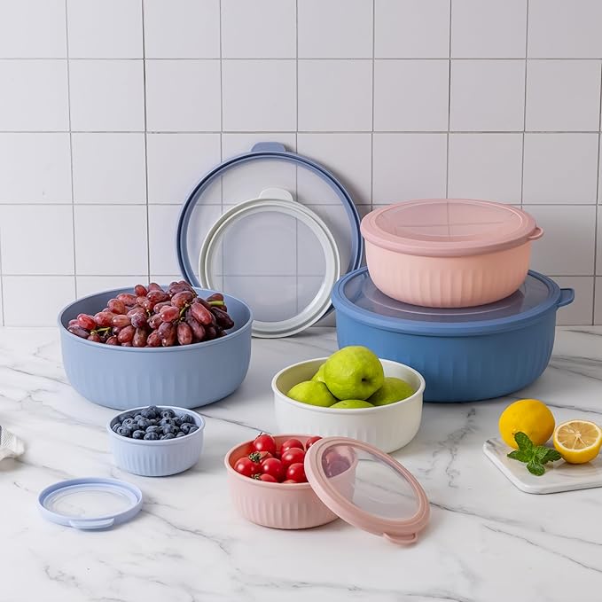 COOK WITH COLOR Prep Bowls with Lids- Wide and Deep Nesting Plastic Small Mixing Bowl Set with Lids, 12 Piece Set - Wide Bowls, Blue/Pink