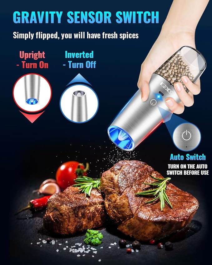Rechargeable Electric Pepper and Salt Grinder Set, No Battery Needed, whit Gravity Sensing Switch and LED Light, One Hand Automatic Operation, Sliver, 2 Pack