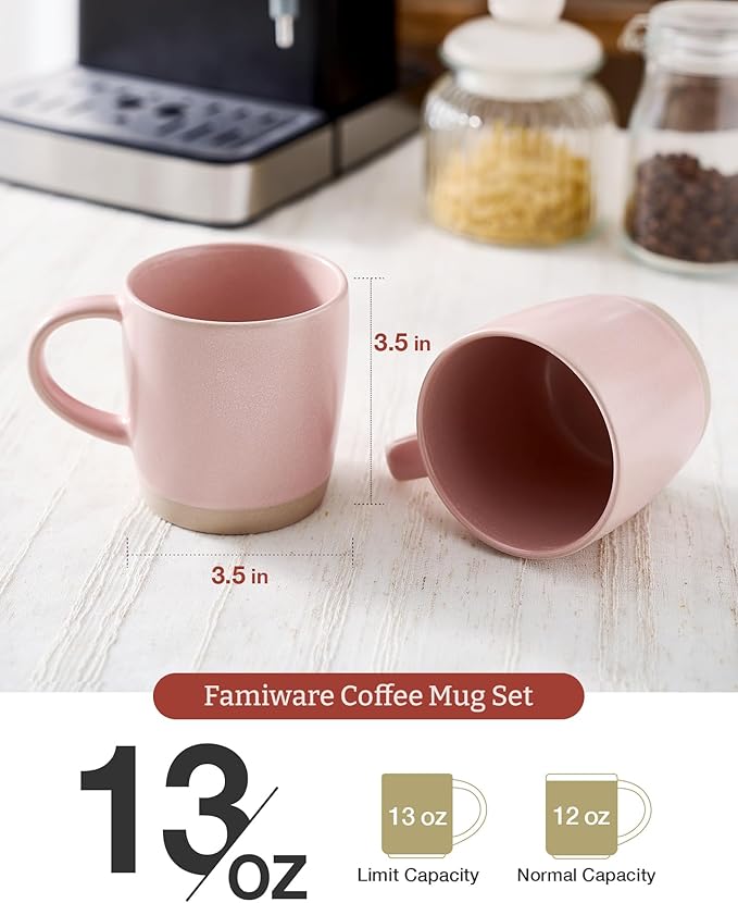 famiware Coffee Mugs Set of 6, Milkyway 13 oz Mug Set, Ceramic Cup Set with Handle for Coffee, Tea, Cocoa, Milk, Light Pink