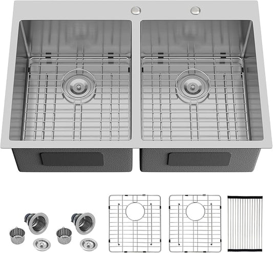 33 Inch Double Bowl Kichen Sink - Funmier 33" x 22" Drop In Stainless Steel Double Bowl Kitchen Sink 50/50 16 Gauge Handmade Deep Basin