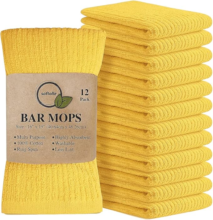 Softolle Bar Mop Towels, Pack of 12-16x19 Inches - 100% Cotton Super Absorbent Towels, Multi-Purpose for Home and Bar Cleaning (Yellow)