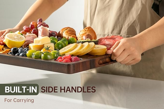 Walnut Cutting Boards For Kitchen, Wooden End Grain Cutting Board with Handle, Dark Walnut Chopping Board Double Sided Charcuterie Boards For Meat, Vegetables, Fruits, Cheese, 17”X13” X1”