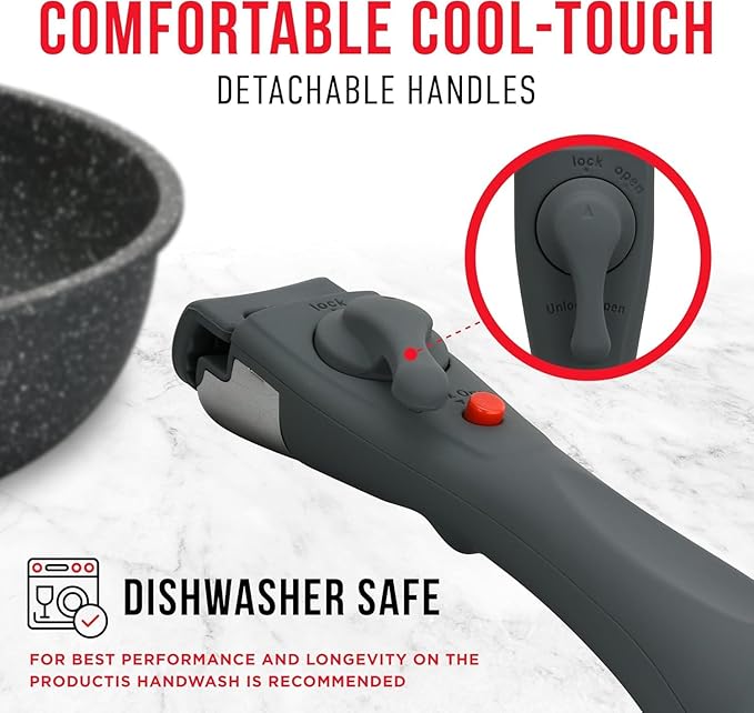 Pots & Pans Set Non Stick Ceramic-Granite – 14-Piece Cookware with Detachable Handles, Stackable Space-Saving, Dishwasher Safe, Oven & All-Stove Safe, Tempered Glass Lids, Black Granite