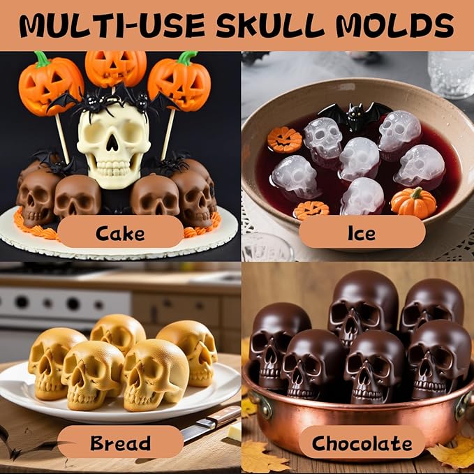 Halloween Skull Silicone Molds for Baking, 6 Cavities 3D Skull Baking Pan for Cake Chocolate, Skeleton Mold for Pizza Ice Wax Melt Jelly Resin (Black)