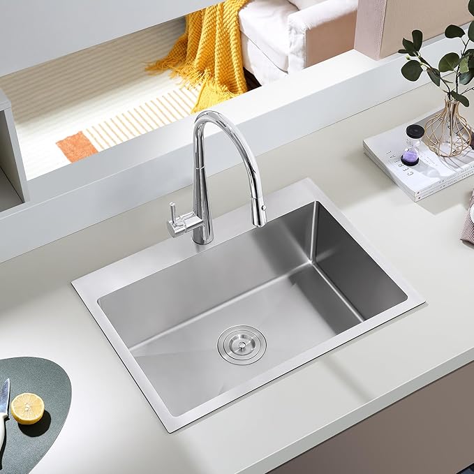 26 inch Kitchen Sink Single Bowl - 304 Stainless Steel Drop in Bar Sink Handmade with Basket Strainer, TopMount Modern Sinks with Centered Drain, 26×18×9 inch